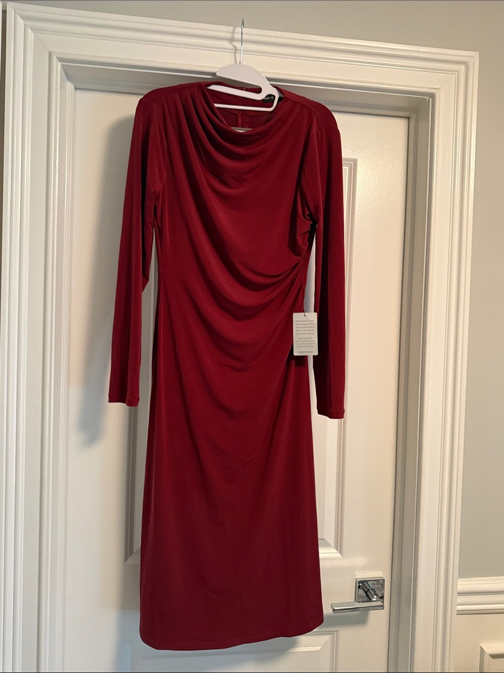 Maggy London Crimson Long-Sleeve Draped Midi Dress